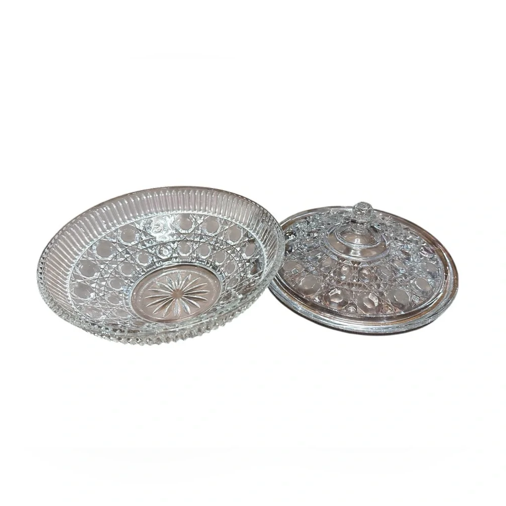 Vintage Pressed Glass Cut Crystal Candy Dish with‎ Lid